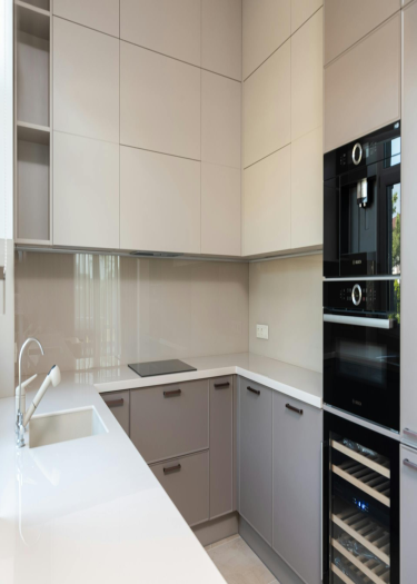 image of Beige Aluminum Kitchen With Artificial Marble Countertops