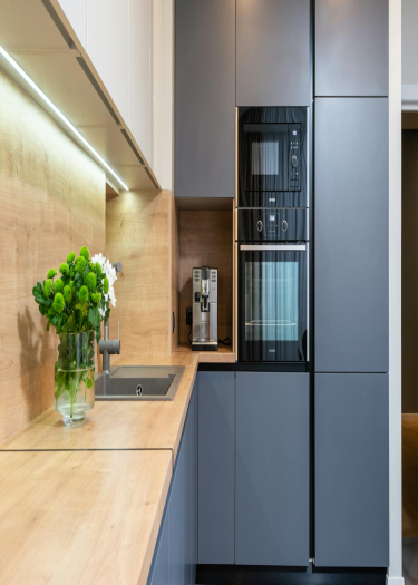 image of Gray Aluminum Kitchen With Natural Marble Countertops