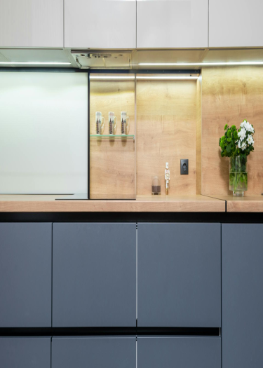 image of Gray Aluminum Kitchen With Acrylic Countertops